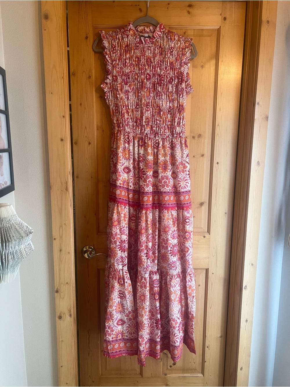 Sleeveless Pink & Orange Boho Maxi Dress, Rouched top